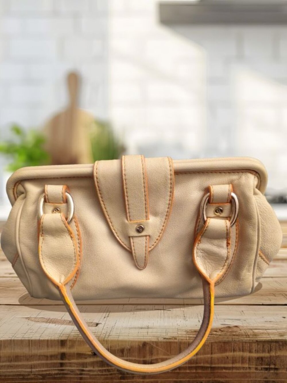 Sabrina Scala Vintage Cream Leather Hobo Bag Orange Stitch Accent
